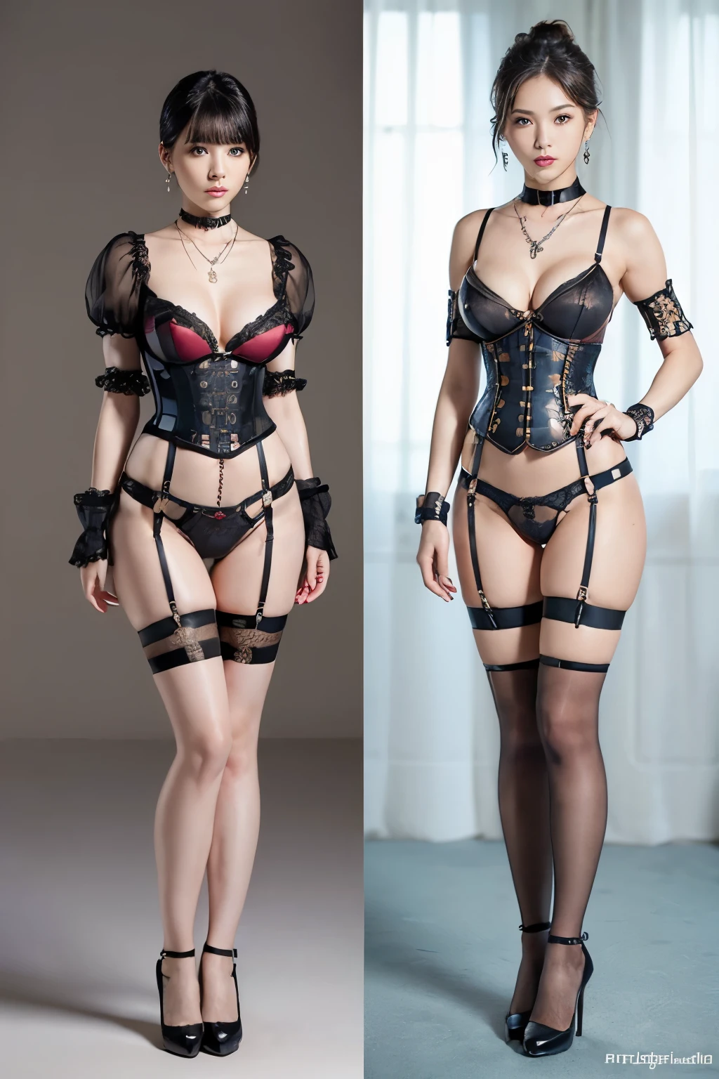 ((masterpiece:1.4)、(highest quality:1.4)、(Realistic:1.7))、Masseter muscle area:1.4、(Top-notch rendering:1.4)、(steampunk:1.4)、超beautiful girl女王、((One Girl:1.4))、Glowing, natural skin texture、Pin-up Girl:1.4、beautiful girl、garter belt、(Wear a harness that fits your body:1.4)、Detailed red bikini:1.4、(Costumes that accentuate beautiful breasts:1.4)、19 years old、(Perfect female body:1.4)、Perfect Proportions:1.4、Portrait of a girl、(Are standing:1.4)、(Full body photo:1.4)、Fantasy art、Soft Front Light、Beautiful Face、slender little buttocks, Beautiful feet, Thin legs, (((Bondage-style lingerie))), (コルセットとgarter belt)、Transparent Panty House, ((Elbow Handbags))、The beauty of the leg lines, Small breasts、(繊細でBeautiful Face),、Detailed eyes、Beautiful and attractive eyes、Beautiful Eyes、Tight waist、Beautiful feet、RAW Photos、Red lips、Red High Heels、(Tierra:1.4、choker:1.4、necklace:1.4、Earrings:1.4)、1 Screen Display、