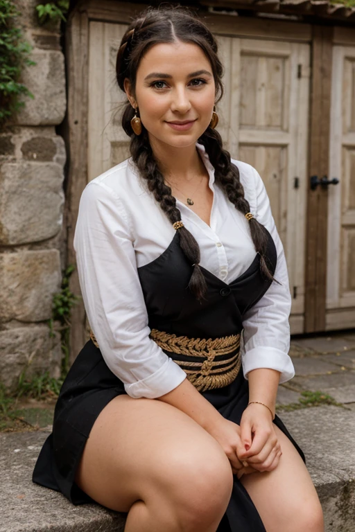 Une femme de 30ans de teint claire, ayant une grosse poitrine, black and braided hair, traditionally dressed