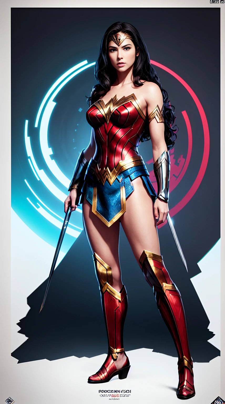 ((Full body photo, standing, feet on the ground))  Wonder Woman, TM Samurai, intricate face details, poster style, icons, vibrant colors, vector style, digital art, 4K, intricate details, mesmerizing, professionally made, beautiful vector illustration, 12K resolution, 3D, all characters in detailed full body, highly detailed, vibrant, ultra high quality, Hyperrealism, Photorealism, octane render]