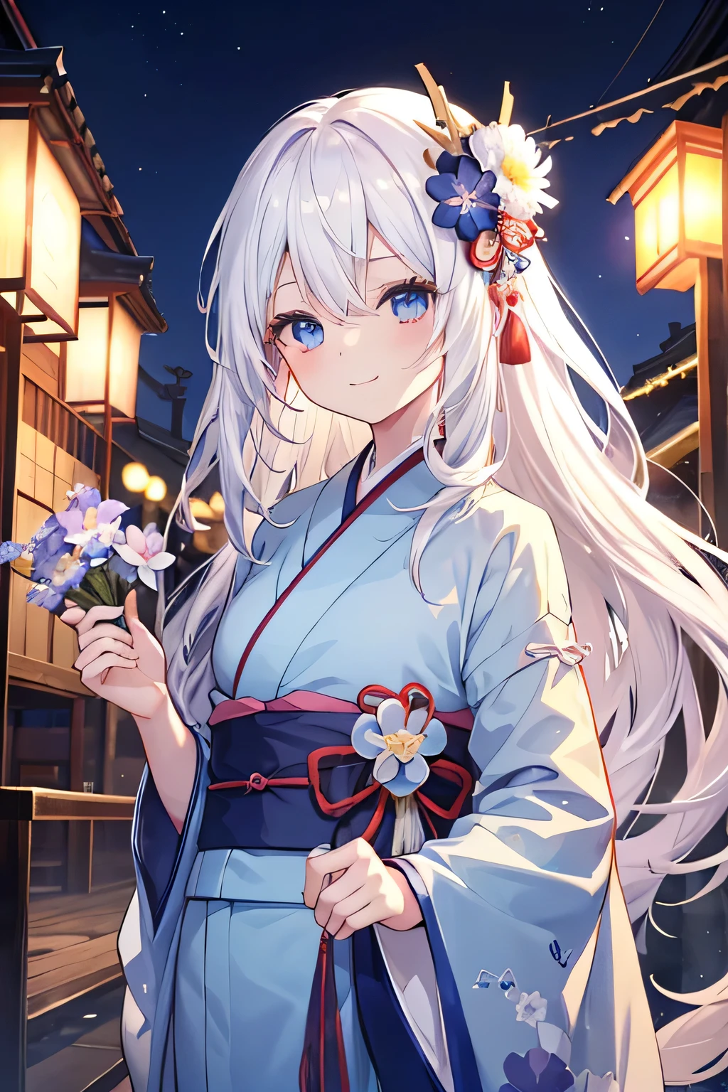 One girl、White Hair、Blue kimono、Medium chest、Anime Style、Blue eyes、night、Japanese style architecture background、Lantern、A little smile、Looking to the side、Long Hair、big flower hair ornament、festival