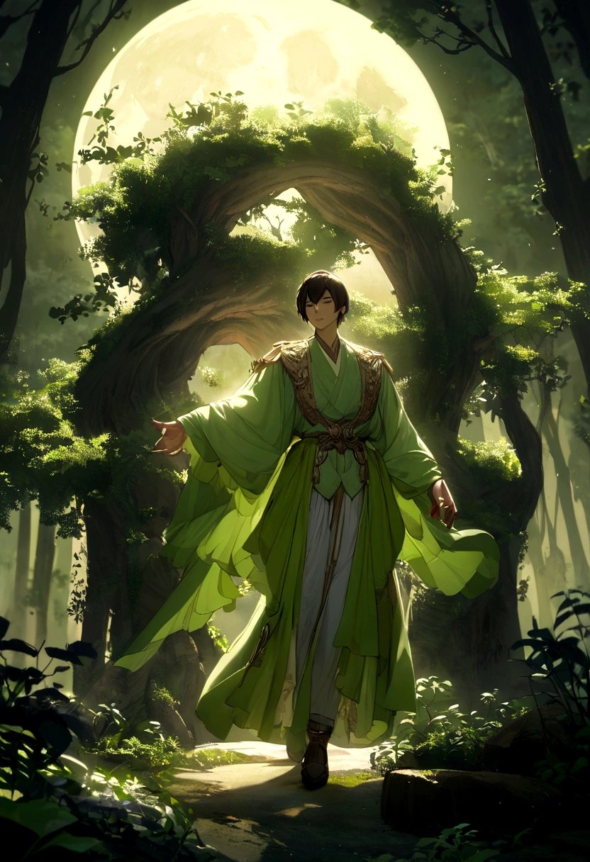 In an imaginary scene with intense ambient light, an exotic figure is floating gracefully in a stunning forest. He has short hair with lush clothes. There is a glorious moon in the background and the atmosphere of the place is serene. His expression is full as if he is ready to embark on a journey