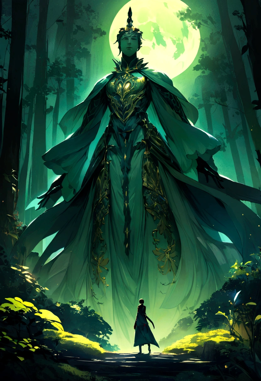 In an imaginary scene with intense ambient light, an exotic figure is floating gracefully in a stunning forest. He has short hair with lush clothes. There is a glorious moon in the background and the atmosphere of the place is serene. His expression is full as if he is ready to embark on a journey
