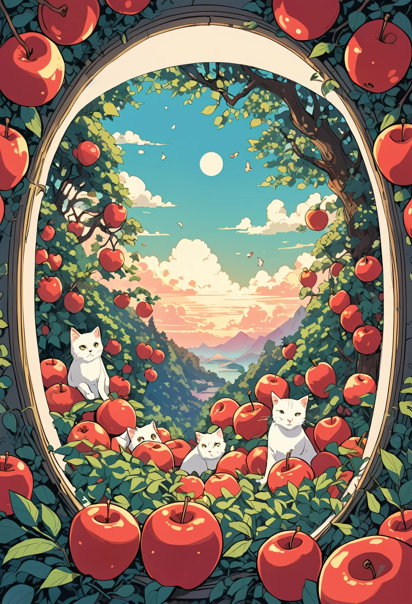 lofi art, style of Laurie Greasley, style of Makoto Shinkai, anime aesthetic, BREAK {whimsical illustration of an apple that, when opened, reveals it is tightly packed with cats. The apple should look realistic on the outside but split open to show a playful, magical scene inside. The cats should be cute and varied, in different poses and colors, filling the inside of the apple completely. The overall atmosphere should be lighthearted and imaginative, blending the ordinary with the fantastical.}
