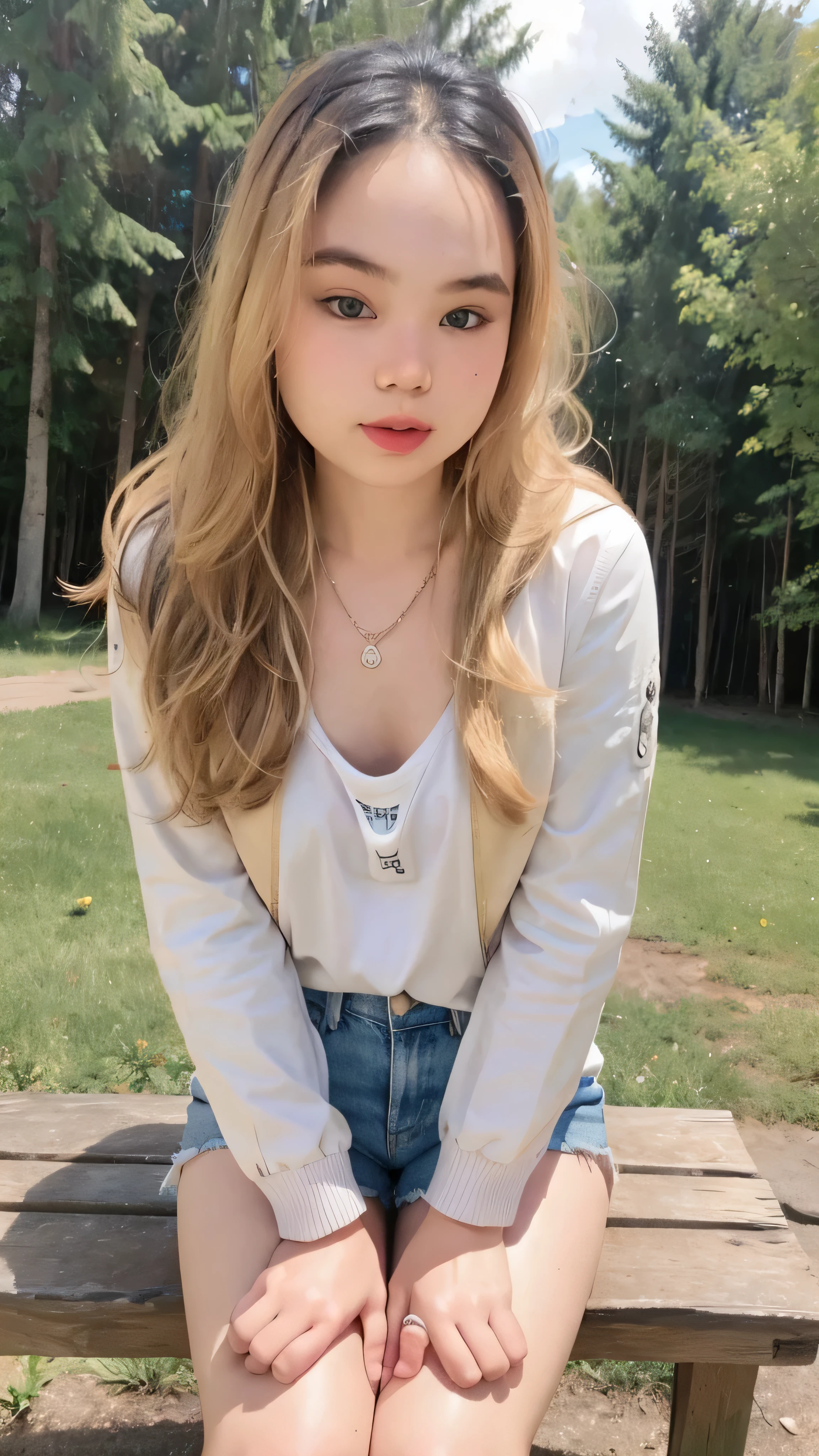 1girl, cute, smaller chest, blonde hair, long hair, wavy hair, bangs, open white jacket, sheer tank top, shorts jeans, sitting, outdoor, full-body portrait, (best quality,4k,8k,highres,masterpiece:1.2),ultra-detailed,(realistic,photorealistic,photo-realistic:1.37)