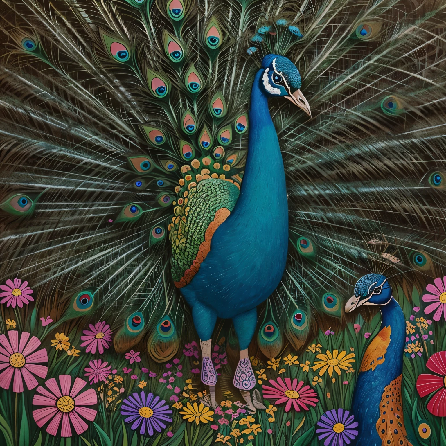 (Naive Art), a peacock regally strolls on a lawn among bright flowers, with a pop art painting by Annabel Kidston, winner of the behance competition, "naive art", "maximalism", "fauvism", "pop art".