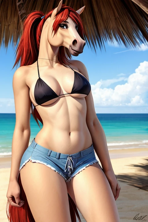 Horses wearing short beach shorts, sexy bikini