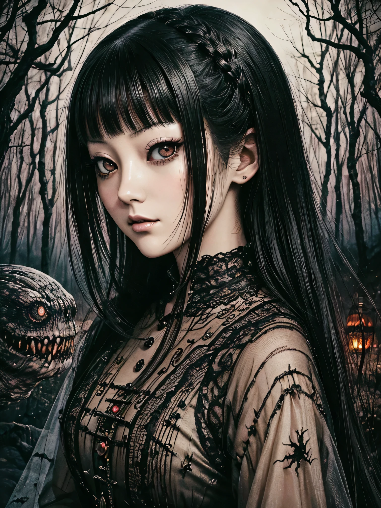 A beautiful and enchanting girl painting, Countless monsters are squirming behind me.、Anxious, Spooky, dark, noble,suspicious、Written by Junji Ito、A beautiful woman、Villainess、Japanese and Western