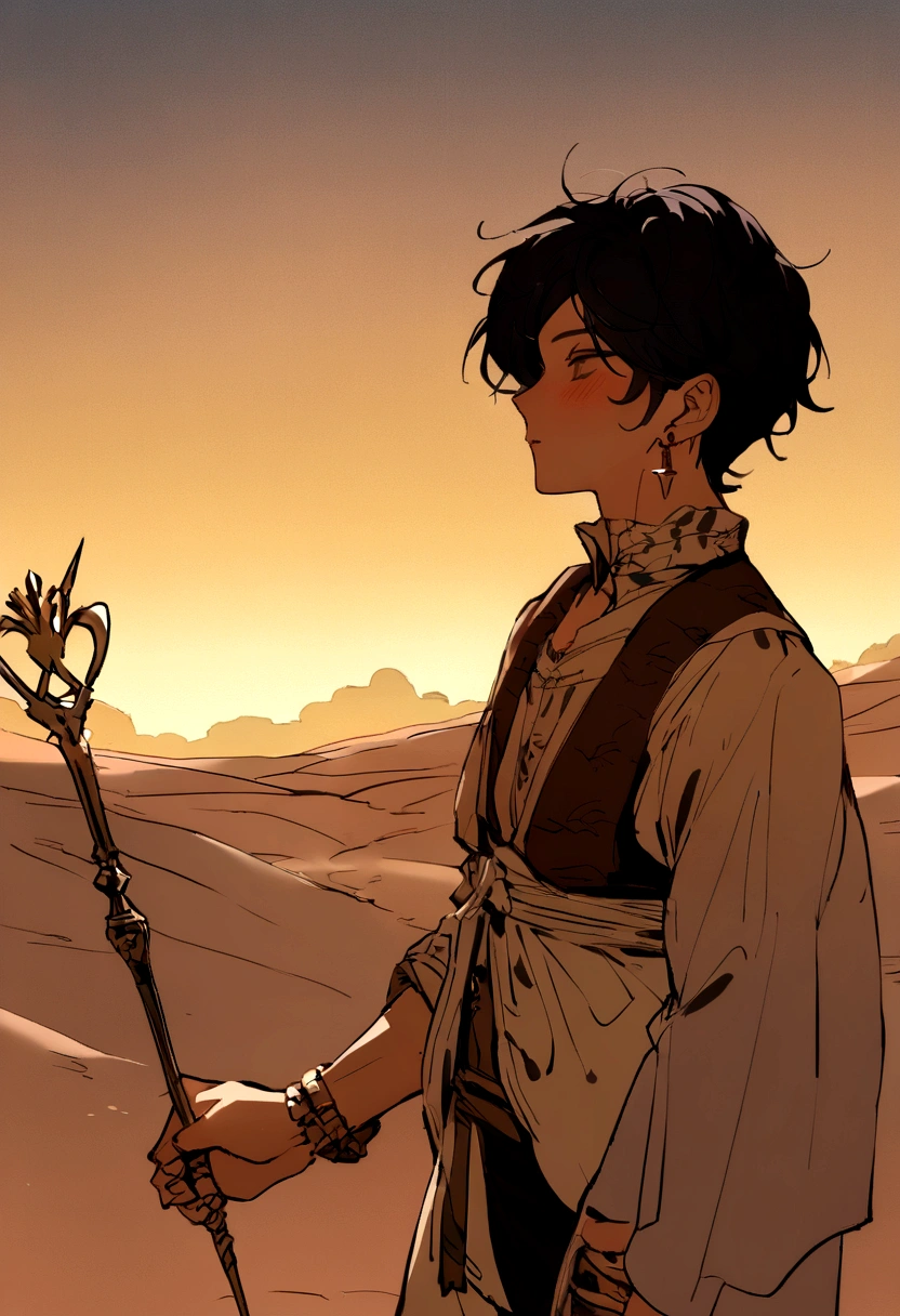 In a desolate world bathed in faint light from the sky, a being of indefinite exotic sex is thinking peacefully in a lush desert. He has long black hair with little rustic clothing and wears earrings while wielding a scepter. Above is a glorious sky and the atmosphere of the place is chaotic. His expression is menacing as if he is ready for anything.