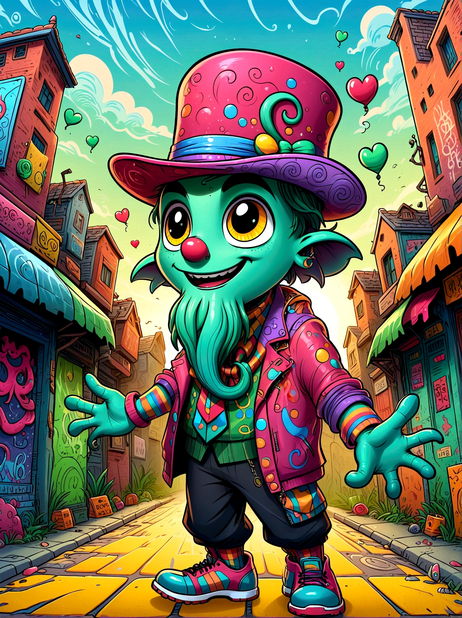 (masterpiece,Best quality:1.2),Graffiti style,Cartoon Characters,Vector illustration,(A Cthulhu monster:1.5),Dress up as a clown,With a mischievous smile on his face,Eyes wide open,sparkling,His figure is slender,Dressed in chaotic and brightly colored clothes,Includes an ornate hat with a heart symbol,Baggy pants and oversized shoes,This character shows vivid excitement,Arms open,As if preparing to perform magic,Hovering in an otherworldly landscape,站在Graffiti style的背景前,Add whimsy to the scene, 1kexx1