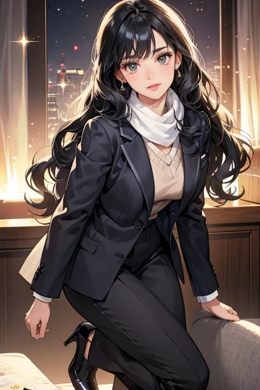 She has black hair in a wavy curl and no fringe. She is also more formal-looking and wears work clothes and high heels. She is not wearing a scarf. All of her facial features are seen, and her lips are visible. SPARKLE; GLITTER