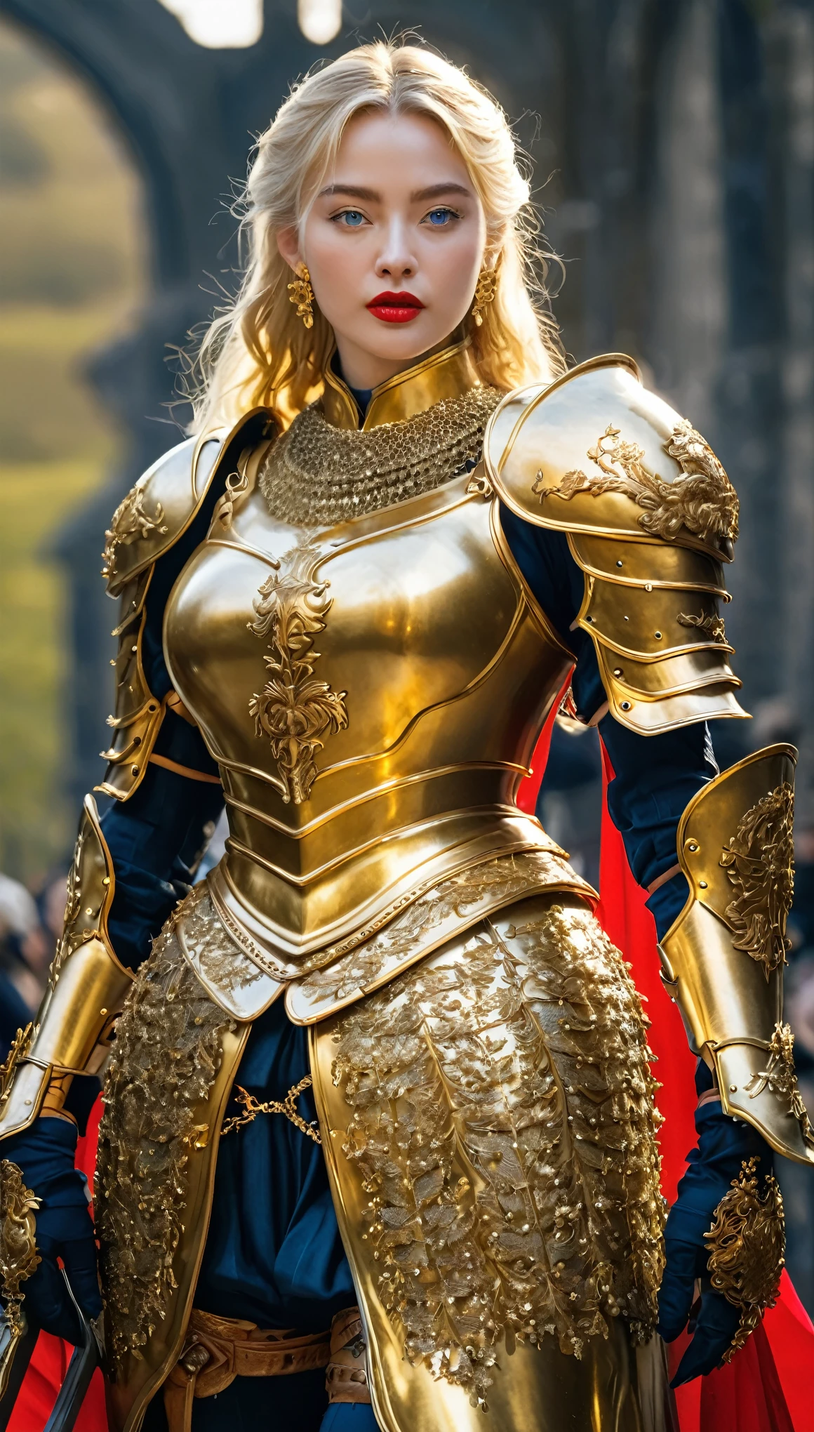 masterpiece,highest quality,Excellent,(female knight_female knight:1),(Full body golden armor:1.3), (35歳のfemale knight:1.3),、Big and ample breasts, Big Breasts,Big Breasts,belly button,Hyper Real,中世ヨーロッパの都市のbattlefieldにいる,Expressionless,、British women、Delicate skin texture to the smallest detail 、(Detailed blue eyes)、(Chubby body type))、(Very large)、Middle-aged women、(ふわふわblondeの長い髪)、Wheat tanned skin、(blonde)、Very large、European female knight、Big Breastsの谷間、豪華に装飾されたFull body golden armor、Medieval witch、High Leg、Golden long boots with flashy decorations、Deep neckline、Pure gold and jewellery necklaces and collars、Big gold earrings、Bright red lips、豪華なFull body golden armorを着て、Gold Long Gloves、She has a big long sword、The sword is ornately decorated..........................、The blade is pitch black、(female knight)、(battlefield)、