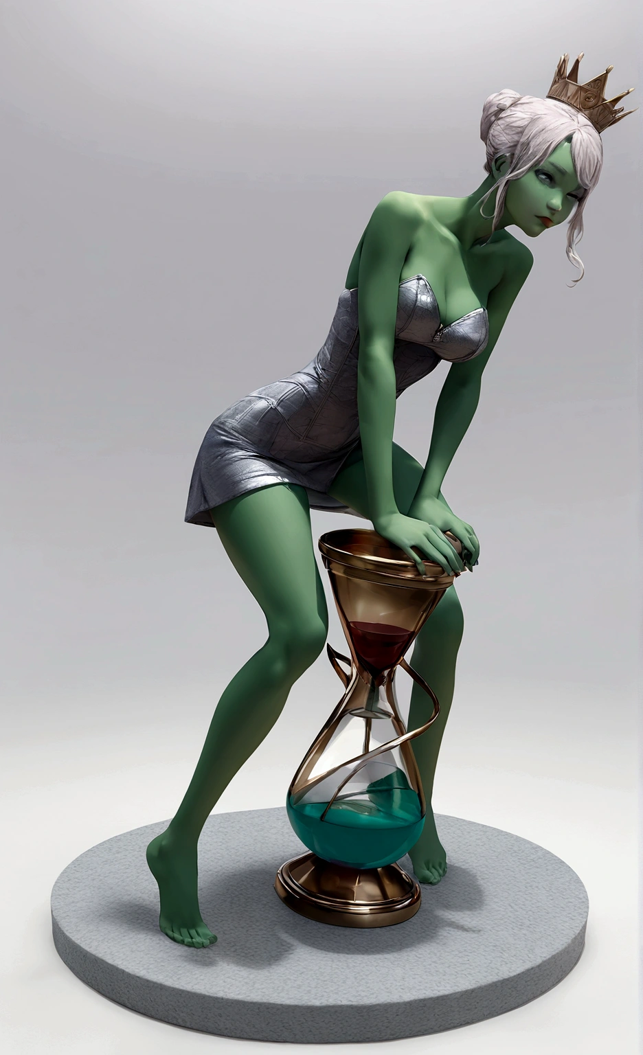 Best Quality: Create a hyper-realistic eye-catching 4K, HD Resolution image of an attractive Inspired humanized hybrid of the Statue of Liberty humanized. She should have a green-turquoise skin complexion with subtle rusty metallic effects. lusciously sexy pouty lips. She is bent slightly over with her hands on her knees, looking back over her left shoulder while twerking her butt. She continues to wear her iconic crown on her head and has a teasing facial expression with her tongue sticking out. Her breasts are perky, and she is dressed in metallic rusted turquoise green is strapless, sleeveless corset combined with a mini skirt that stops around her thighs, resembling a club dress, in the same color as her skin. Ensure the lighting and shadows are professionally edited to enhance realism. Use the best camera and lighting settings for maximum quality." digital art, black, white, pastel pink, neon green, purple, and cerulean blue. hyper realistic, humanized real skin texture and details. realistic skin texture and details. She also has a very slim hourglass figure build. Because of that figure, skinnier/curvier.