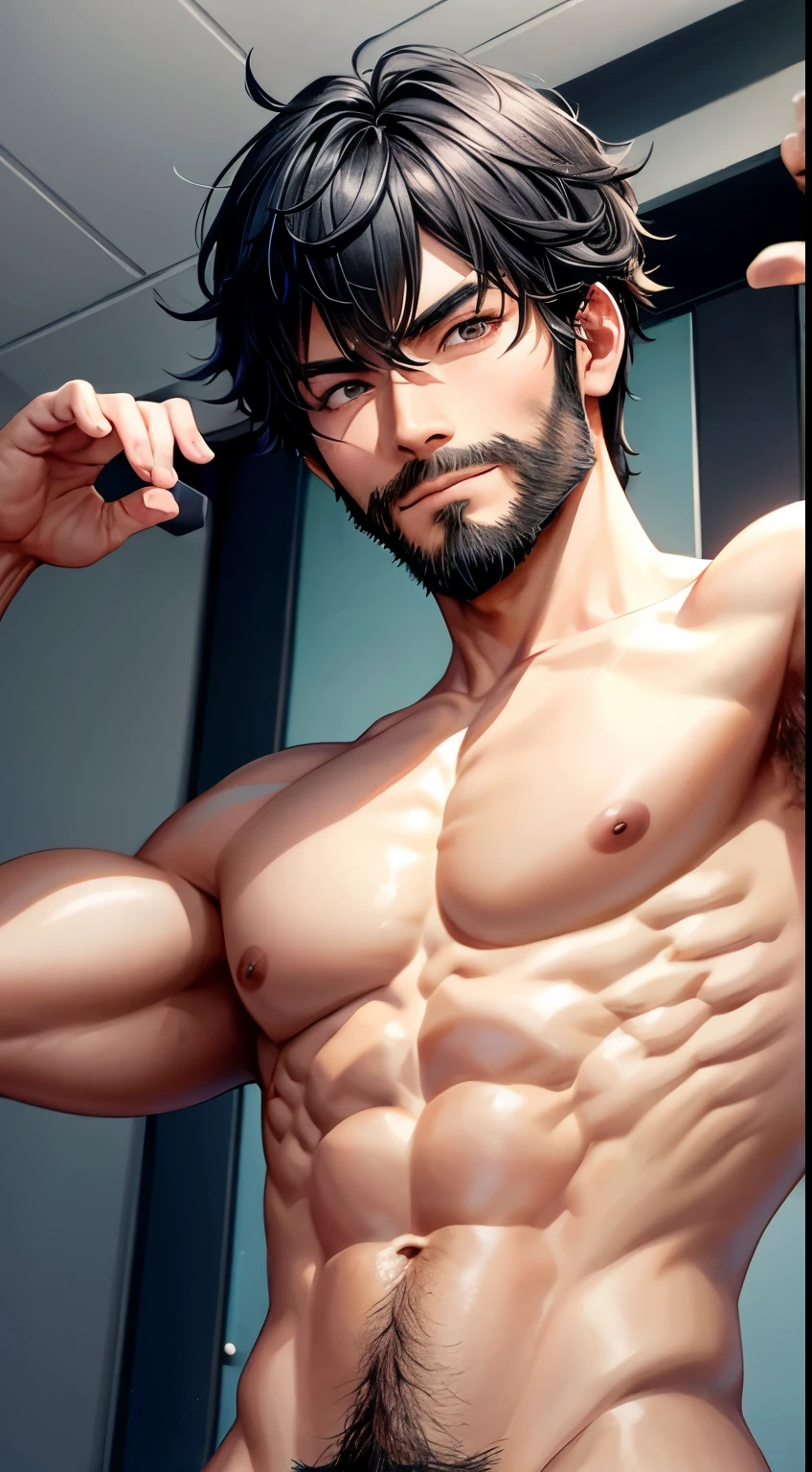 1 male、Thin beard、Upper body naked、Black Hair、Muscular、Angle from below、