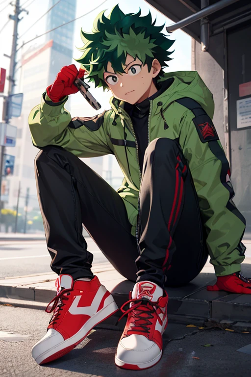 (\izuku midoriya)/,(\character from the boku no hero academia series)/,(\wearing)/,(\Uniform that consisted of dark green pants with several pockets, metal protectors on the shins and knees, a dark green jacket that contained support for 3 bladed weapons on the back and protectors on the shoulder, elbow and forearm in black with red details, this The jacket also had a hood in the same color and its upper part contained details in the shape of rabbit ears. Along with the look, came a pair of red gloves with metal reinforcement on the back and a pair of red sneakers with black details, metal spikes on the front and metal reinforcement on the back and a pair of red sneakers with black details, metal spikes on the front and metallic reinforcement covering the entire sole)/