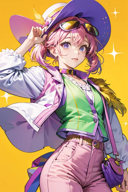 Rena Obatchi has a white face and purple arms. She wears a green vest with orange stars, a frilly yellow collar, and pink trim along the bottom. She also wears yellow pants, a purple visor cap with a light red rim, a light purple wig, and round purple sunglasses with blue rims. She carries a light red handbag. SPARKLE; GLITTER