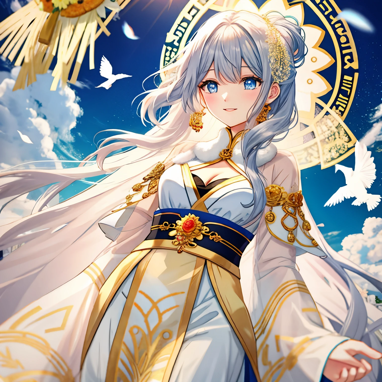 Illustration Enhancement: masterpiece, best quality, ultra-detailed, super high resolution, Top Quality photorealistic Illustration, Super Definition, cute illustration:1.3, high Saturation:1.2, detailed beautiful face and eyes, an extremely delicate and beautiful, nice hands, perfect hands, appropriate posture, appropriate configuration, ideal ratio body proportions, BREAK
Theme: Anime Goddess, Enchanting Anime Girl, Peace and Tranquility, Improvement of Living Standards, Blessing and Protection of Prosperity, BREAK
Number of Characters: 1, BREAK
Facial Details: Woman with long gray hair and deep blue eyes, gentle smile, expression looking at a prominently displayed white dove as a symbol of peace, BREAK
Movement Details: Light steps, BREAK
Emotions: Kindness and Serenity, BREAK
Perspective: Slightly upward angle from the front, BREAK
Composition: Goddess placed in the center, surrounded by prominently displayed flowers and fruits symbolizing prosperity, BREAK
Background Details: Quiet lake, lush forest, distant mountains, with a white dove visible in the scene, prominently displayed white dove as a symbol of peace, surrounded by flowers and fruits symbolizing prosperity, BREAK
Costume Details: Sacred robe in white and gold with intricate patterns and symbols of divinity, BREAK
Body Type: Slim with emphasized cleavage, BREAK
Hair Style and Color: Long gray hair, flowing and detailed, BREAK
Light and Shadow: Soft morning light illuminating the goddess, creating a dynamic interplay of light and shadow, BREAK
Colors: Mainly gold and orange, white and gray, blue eyes, gold accents, BREAK
Illustration Atmosphere: Anime style, bright atmosphere conveying hope and prosperity, with a mystical aura created by small particles of light dancing around the goddess, BREAK
Other: Small particles of light dancing around the goddess, creating a mystical aura 1:1.6, BREAK
Worldview: Fusion of anime and manga, intersection of mythology and modern world, BREAK
Style: Anime Goddess, En