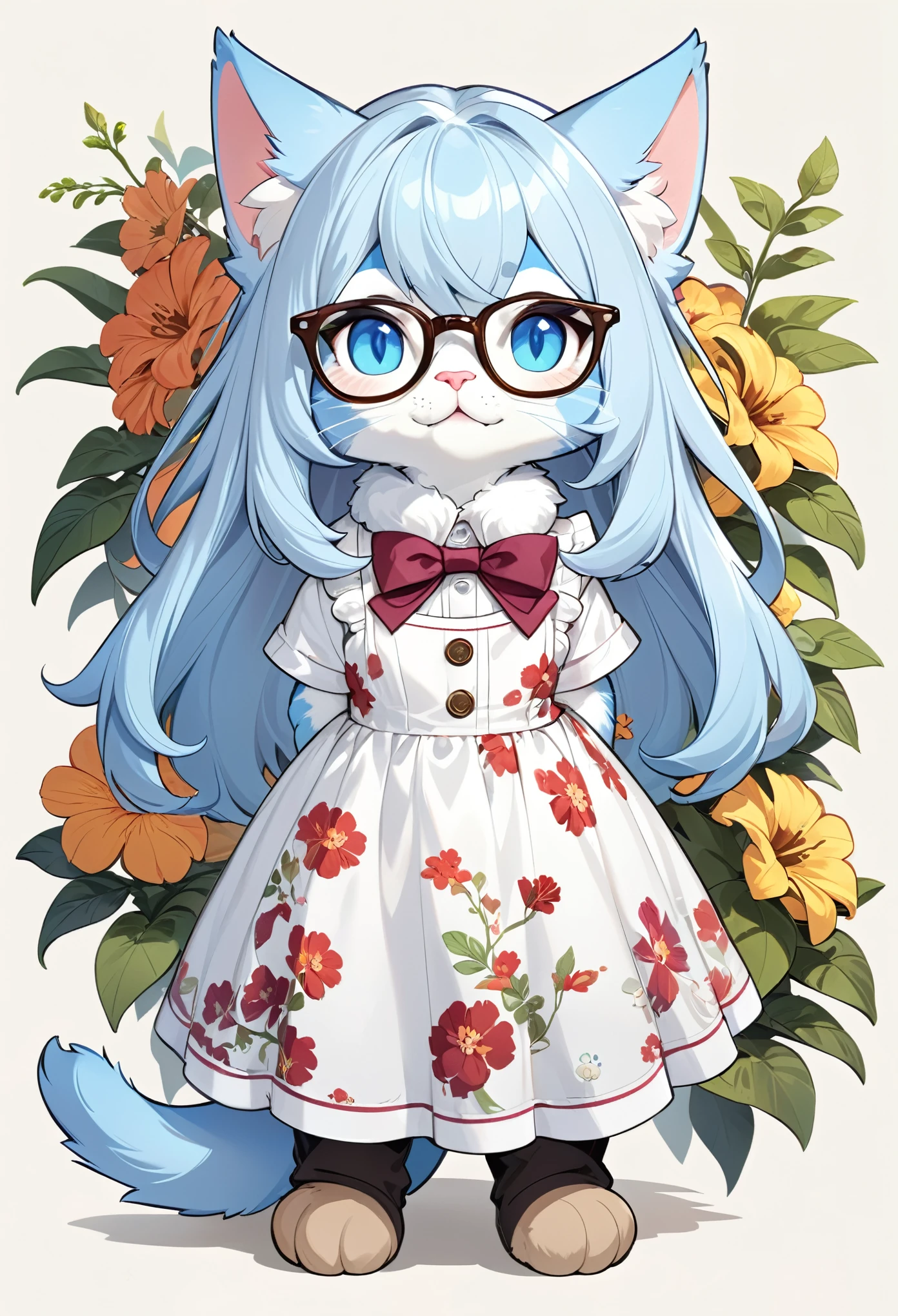 A light blue long-haired cat wearing a cute floral dress, Wearing glasses、World Boss Kitten, Furry character portrait,, Cute and detailed digital art, Professional fur drawing, High-quality portraits, Fashionably dressed fursona, Fursona Art, Casual clothing, Fur Artist, Anthropomorphic cat, High resolution consignment, Official concept art