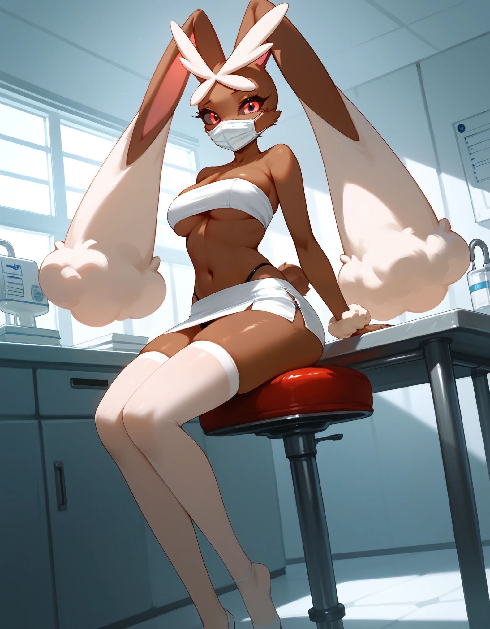 Solo, score_9,score_8_up,score_7_up, an Anthro furry female lopunny, standing, tall slender body, wearing white bandeau, white microskirt with black thong, white thigh high socks, black thong visible, white surgical mask, in a hospital bedroom, sitting on a stool, legs crossed, hands on lap, 