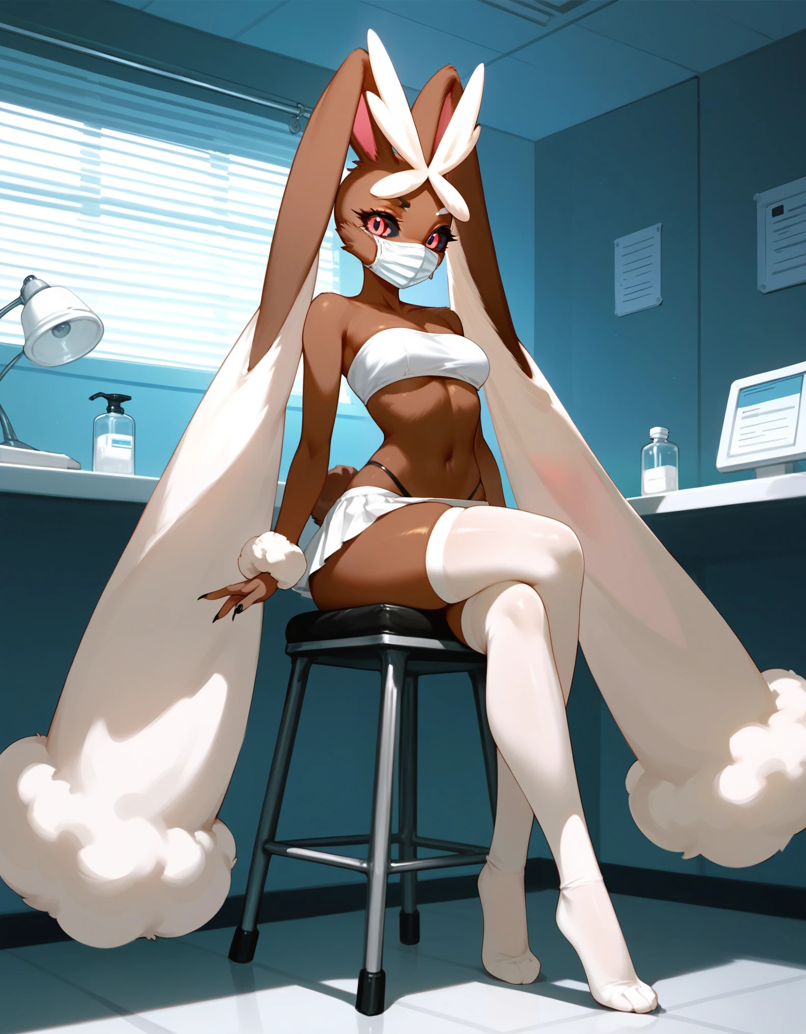 Solo, score_9,score_8_up,score_7_up, an Anthro furry female lopunny, standing, tall slender body, wearing white bandeau, white microskirt with black thong, white thigh high socks, black thong visible, white surgical mask, in a hospital bedroom, sitting on a stool, legs crossed, hands on lap,