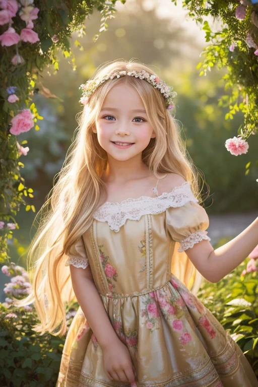 A 6-year-old beautiful girl painted in an oil painting style reminiscent of an impressionist painting.。She is fair-skinned and、With long blonde hair、She is wearing a gorgeous Rococo dress.。
The backdrop is a magnificent, gorgeous, cinematic palace。Gentle light Garden.She is looking at me and smiling。
She is dancing
at time sunset