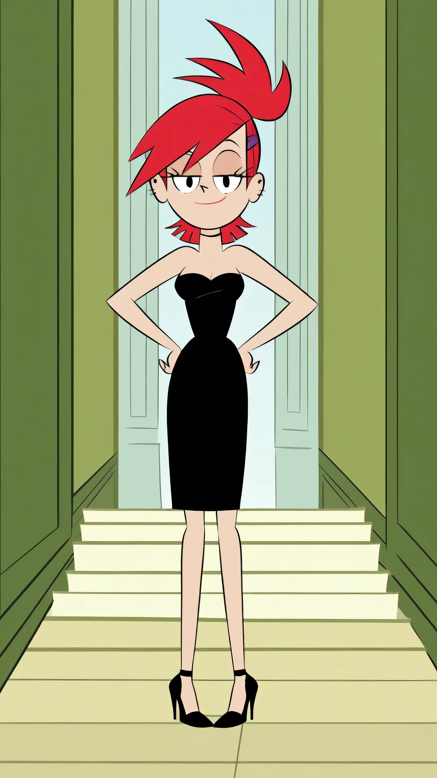 FrankieFoster, red hair, bob hair cut, black eyes, posing, solo, strapless black dress, smug, beautiful, arms at sides, standing at the hallway with columns, hands on hip, black high heels