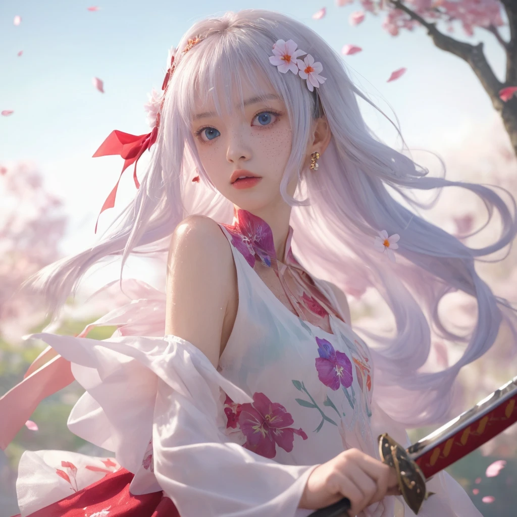 Anime girl with white hair and a pink dress holding two swords, Onmyoji portrait, onmyoji, The Detailed Art of the Onmyoji, Ayaka Genshin Impact, Azur Lane Style, Azur Lane Characters, Ayaka Games Genshin Impact, Katana Zero video game characters, From the Azur Lane video game, mika kurai demon, Official artwork
