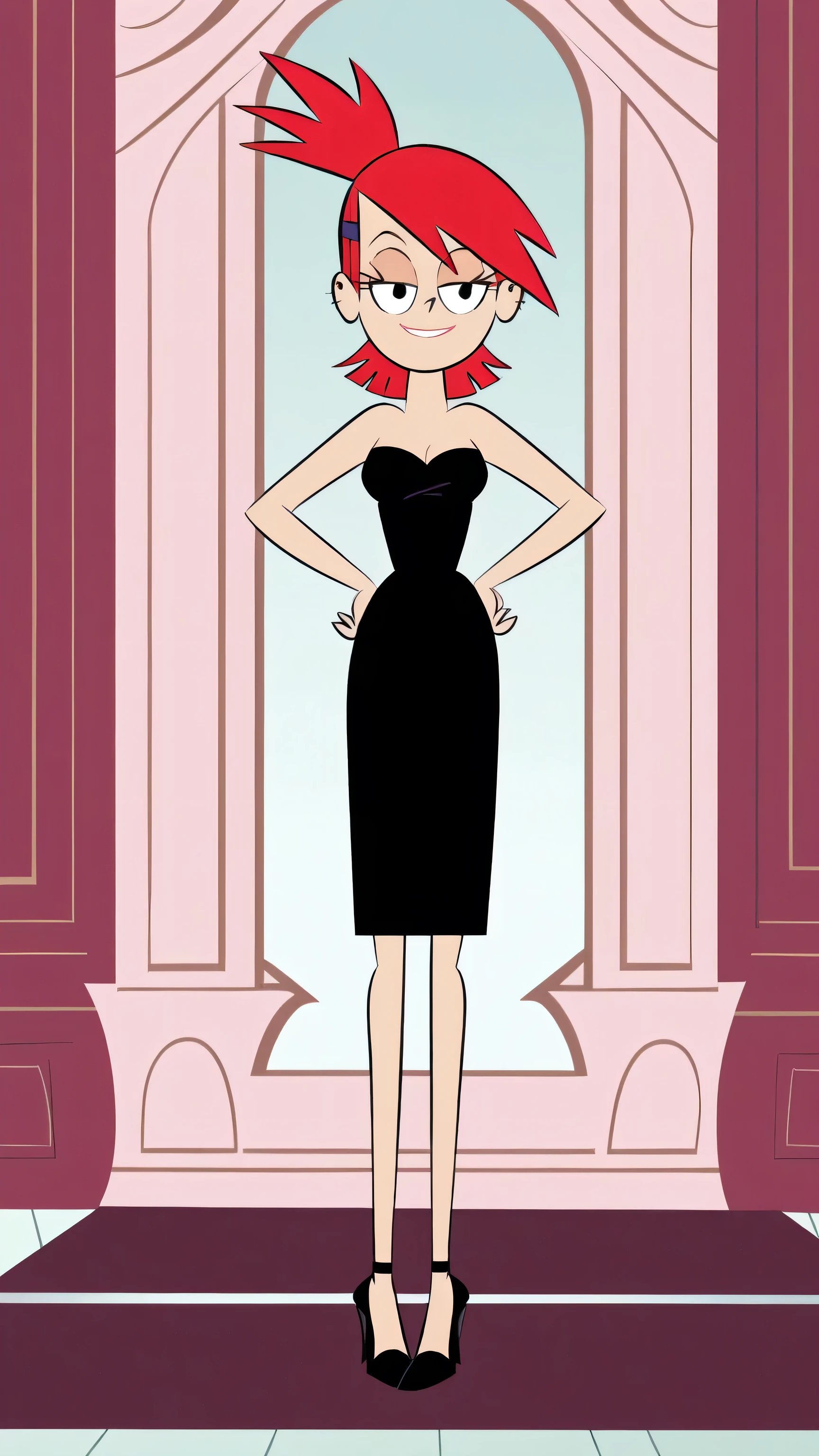 FrankieFoster, red hair, bob hair cut, black eyes, posing, solo, strapless black dress, smug, beautiful, arms at sides, standing at the hallway with columns, hands on hip, black high heels