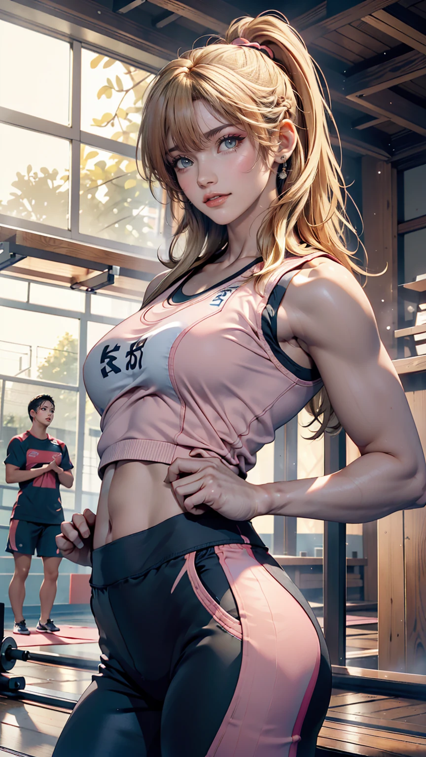 masterpiece, highest quality, 8k, Photographic reality, Realistic, Octane Rendering, japanese gym exercise (1 female: 1.4), (There is only one woman in the photo: 1.4), (Long Blonde Hair), (Pink sports vest|Black Yoga Pants), (blue eyes) Side Display