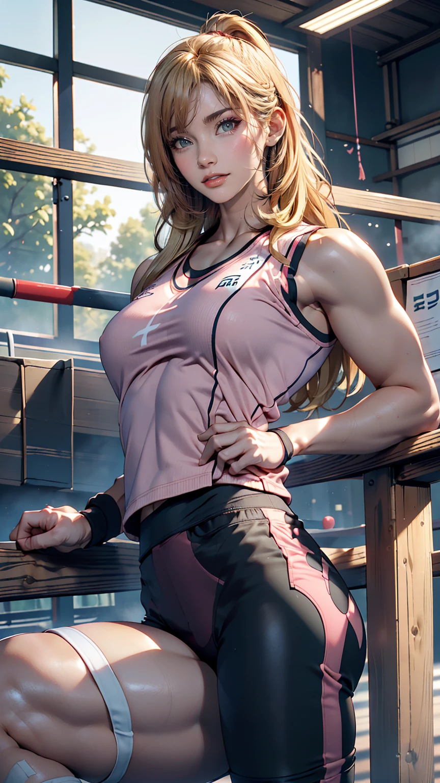 masterpiece, highest quality, 8k, Photographic reality, Realistic, Octane Rendering, japanese gym exercise (1 female: 1.4), (There is only one woman in the photo: 1.4), (Long Blonde Hair), (Pink sports vest|Black Yoga Pants), (blue eyes) Side Display