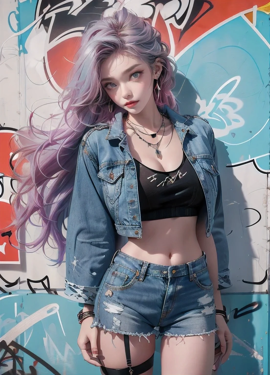 masterpiece， Best quality， 1 sister， solo， Jacket， Denim shorts， Necklace， whole body（doodle：0.5）， Put your arms behind your back， Against the wall， Looking at the audience， Armband， thigh strap，Extra large breasts，Nipple Covers。 Head tilt， having fun， hair color， Aqua eyes， earphone，Graffiti Wall