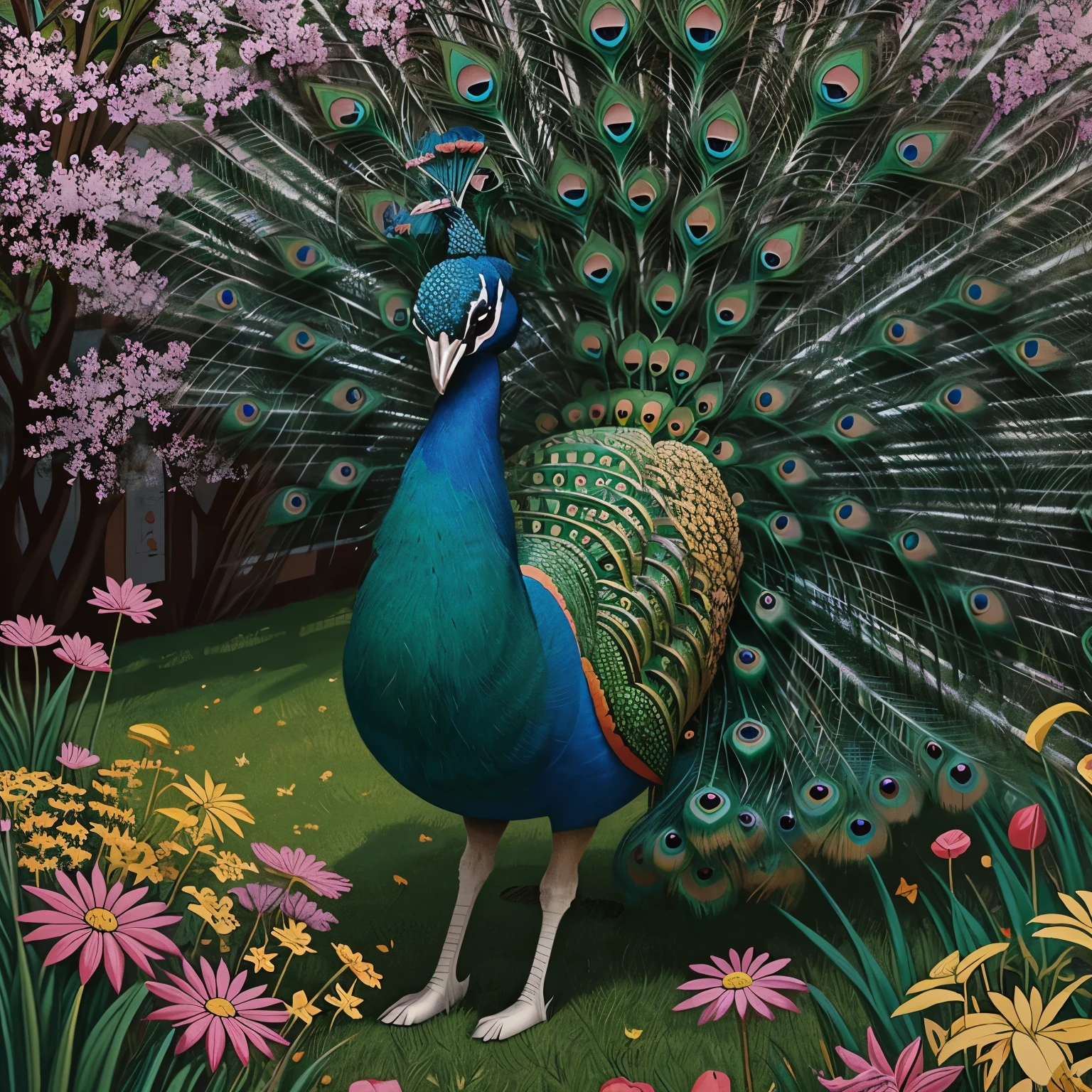 (Naive Art), a peacock regally strolls on a lawn among bright flowers, with a pop art painting by Annabel Kidston, winner of the behance competition, "naive art", "maximalism", "fauvism", "pop art".