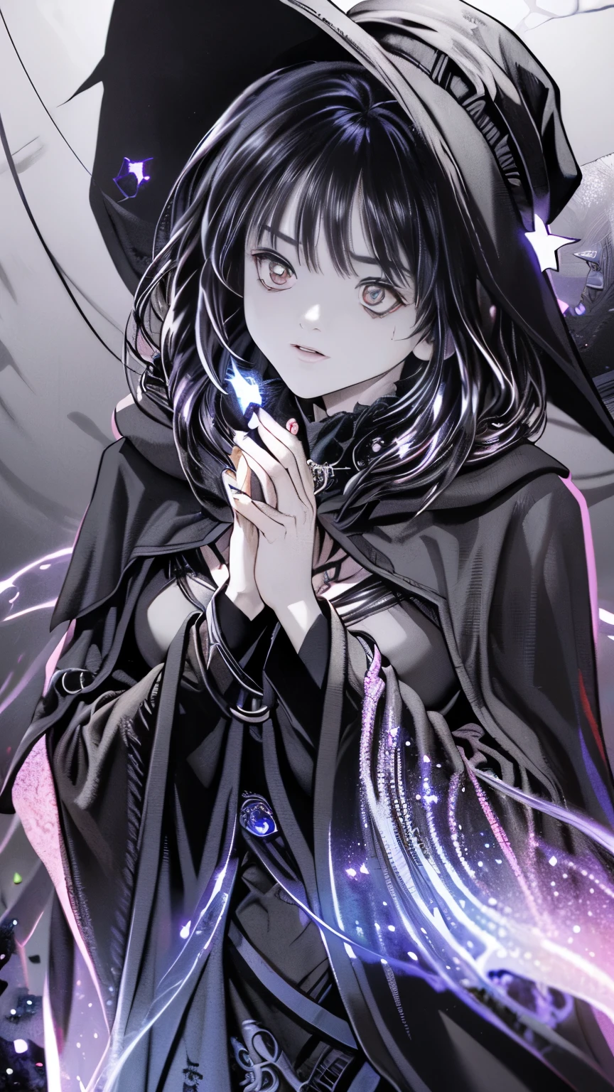 (Fatal Beauty,A charming villain,witch) ,(A supple and powerful physique),(Sensual charm),(Mysterious charm:1.1),(Captivating silhouette),(highest quality,High resolution:1.2),(dark,Threatening:1.1),((dark horror theme:1.5),(Thriller:1.5)),(Dark fantasy:1.5),  (((Countless stars fly away:1.5),(Absurd:1.5),(wonderful:1.5))),Woman in a dress, ((((Glasses))))、((((big sapphire necklace))))、(Powerful numbers:1.1),(((Big Breasts))),(((Fiery crown:1.1))),prime color,Urban,Very detailed,masterpiece,Intricate details,Faded,Very detailed, Eye on the details,Intricate details,Dark and spooky atmosphere,  spiritual being, Unforgettably beautiful, Ghostly figures, Shadow-like shape, Spooky whispers, Ominous Aura, Goth Maiden, Very darkHer eyes, Like dazzling fur in a starless haze,Her Mogul Snaps, Mysterious Cemetery,Black hair swaying in the moonlight, She summons darkness, (beautiful: 1.7), (Black Hat: 1.6), (An intricately decorated jet-black cloak: 1.6), (Delicately decorated cloak, Despite being damaged: 1.5), Hypermaximalist,  Breathtaking oil paintings, Surreal, Ultra-realistic digital illustrations that mimic the style of oil paintings, Seamlessly blending the psychedelic visionary art of Alex Grey with the physical-mechanical aesthetic of H.R. Giger. Wonderful configuration,  (Shining Eyes:1.6)、(Glowing Eyes:1.1),(hellish landscape:1.1),(fire,sulfur:1.1),(Threatening atmosphere:1.1),(dark shadows,Threatening presence:1.1),(Unlucky Clouds,Stormy Skies:1.1),(dark,Spooky atmosphere:1.1),(Aura of misfortune,Evil energy:1.1),(dark aura,cigarette:1.1),(Extreme heat,Burning Flames:1.1),(Nightmare Visions:1.1),(Predicting the end:1.1),(Whispers of misfortune,Devilish Laugh:1.1),(Cries of pain,echoing screams:1.1),(Bad luck symbol,Ancient runes:1.1),(Mysterious Relic,dark art ifacts:1.1),(Infernal Ritual,Ritual sacrifice:1.1),(Eternal Ruin,A hopeless existence:1.1),  Inspired by abandoned mech backgrounds. Art created by Craig Mullins, Necrostyle., Detailed Description, Futurist