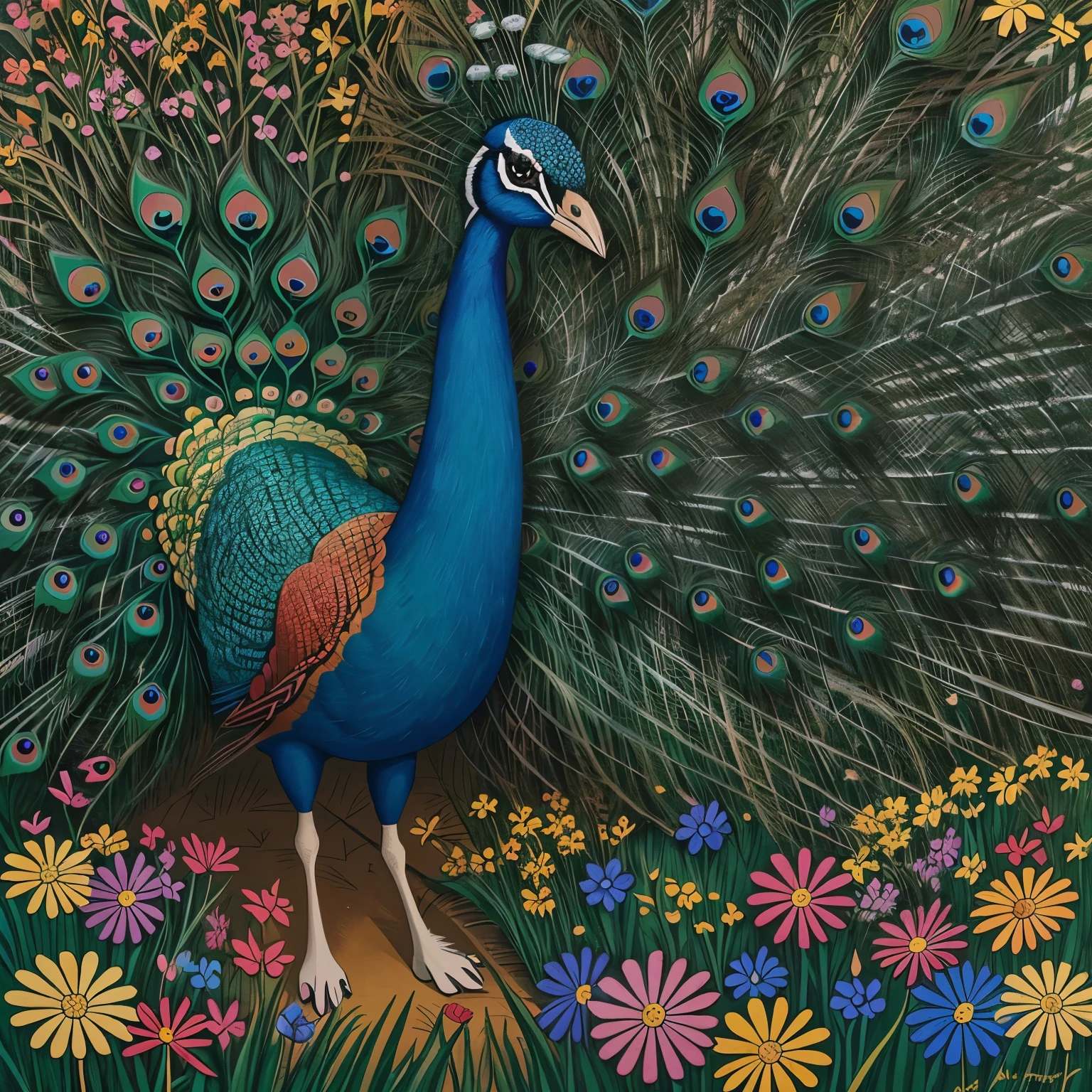 (Naive Art), a peacock regally strolls on a lawn among bright flowers, with a pop art painting by Annabel Kidston, winner of the behance competition, "naive art", "maximalism", "fauvism", "pop art".