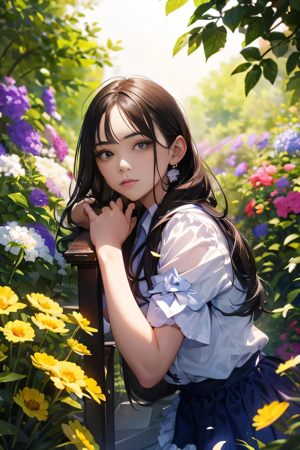 masterpiece, best quality, 1girl, cowboy shot, thighs, beautiful girl, (flowers, many small petals, garden, blue sky), looking at viewer, small waist, official art, raw photo, incredibly absurdres, facelight, dynamic lighting, cinematic lighting, ultra realistic, highres, photography, sharp focus, highest detailed, extreme detailed, ultra detailed, finely detail, extremely detailed eyes and face