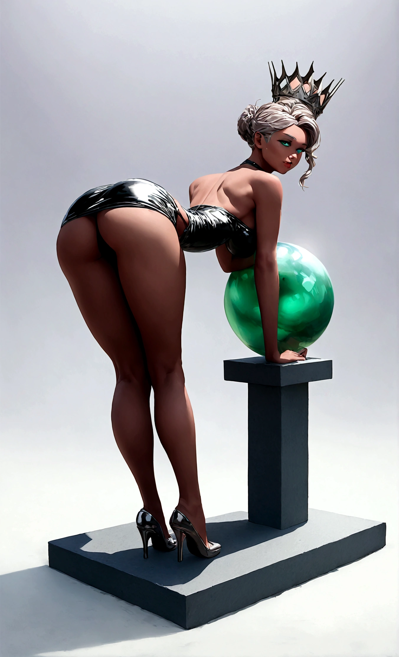Best Quality: Create a hyper-realistic eye-catching 4K, HD Resolution image of an attractive Inspired humanized hybrid of the Statue of Liberty humanized. She should have a green-turquoise skin complexion with subtle rusty metallic effects. lusciously sexy pouty lips. She is bent slightly over with her hands on her knees, looking back over her left shoulder while twerking her butt. She continues to wear her iconic crown on her head and has a teasing facial expression with her tongue sticking out. Her breasts are perky, and she is dressed in metallic rusted turquoise green is strapless, sleeveless corset combined with a mini skirt that stops around her thighs, resembling a club dress, in the same color as her skin. Ensure the lighting and shadows are professionally edited to enhance realism. Use the best camera and lighting settings for maximum quality." digital art, black, white, pastel pink, neon green, purple, and cerulean blue. hyper realistic, humanized real skin texture and details. realistic skin texture and details. She also has a very slim hourglass figure build. Because of that figure, skinnier/curvier.