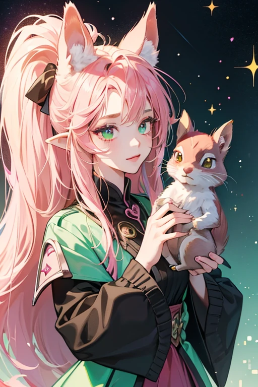 Rhythristchi is a pink squirrel black tipped pointy ears and hands. She has eyes with green irises, highlights, distinct eyeshadow. She has three bangs of hair on her forehead with two of them being colored with light green and yellow highlights. There is also a vertical black line across her left eye and a light horizontal pink streak across her face. SPARKLE; GLITTER