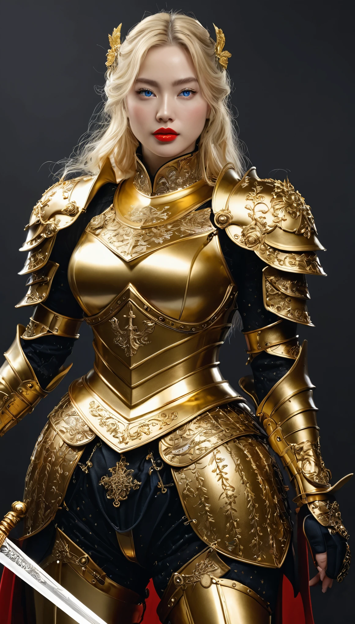 masterpiece,highest quality,Excellent,(female knight_female knight:1),(Full body golden armor:1.3), (35歳のfemale knight:1.3),、Big and ample breasts, Big Breasts,Big Breasts,belly button,Hyper Real,中世ヨーロッパの都市のbattlefieldにいる,Expressionless,、British women、Delicate skin texture to the smallest detail 、(Detailed blue eyes)、(Chubby body type))、(Very large)、Middle-aged women、(ふわふわblondeの長い髪)、Wheat tanned skin、(blonde)、Very large、European female knight、Big Breastsの谷間、豪華に装飾されたFull body golden armor、Medieval witch、High Leg、Golden long boots with flashy decorations、Deep neckline、Pure gold and jewellery necklaces and collars、Big gold earrings、Bright red lips、豪華なFull body golden armorを着て、Gold Long Gloves、She has a big long sword、The sword is ornately decorated..........................、The blade is pitch black、(female knight)、(battlefield)、