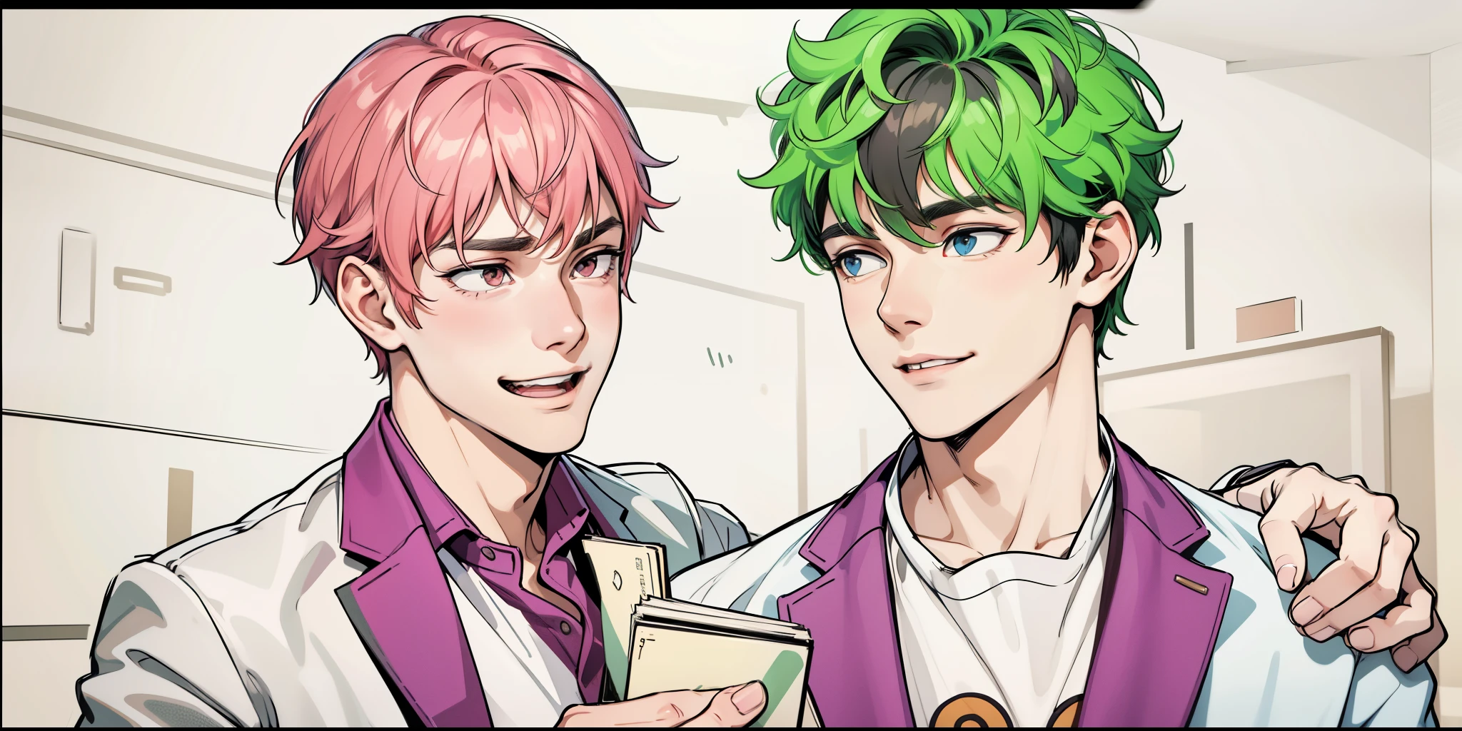 There are two handsome 18-year-old men, one of them is smiling, the other is worried and afraid.