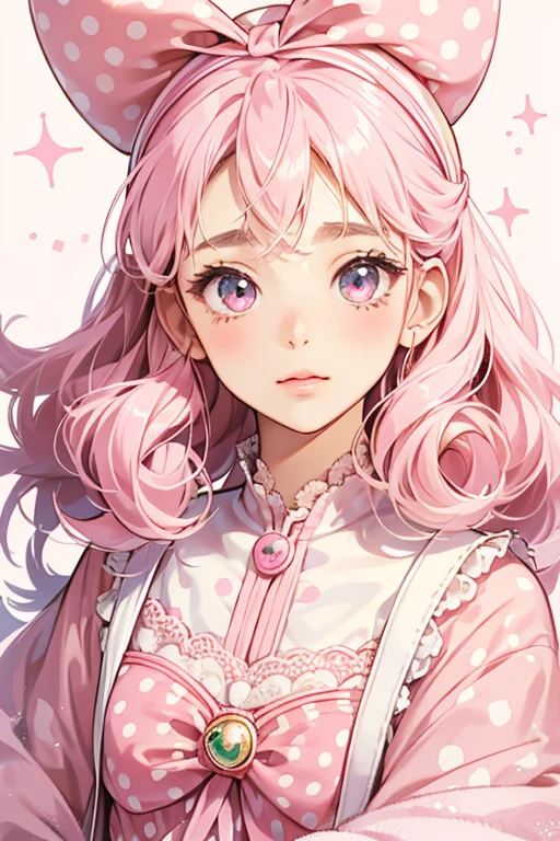 Ribotchi has a light pink face, pink body, eyelashes, pink cheeks and wears a large pink bow with white polka dots on it on her head. Like other Tamagotchis featured on the Tamagotchi Akai, Ribotchi has a red outline. SPARKLE; GLITTER