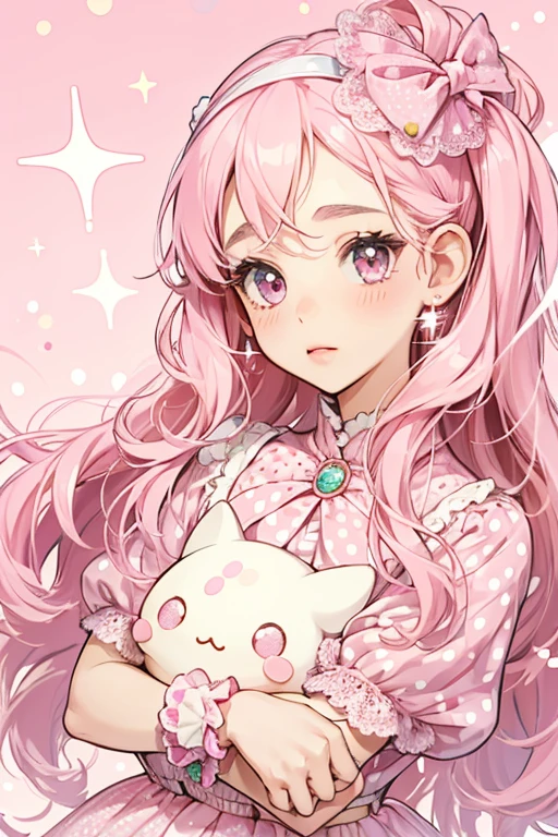 Ribotchi has a light pink face, pink body, eyelashes, pink cheeks and wears a large pink bow with white polka dots on it on her head. Like other Tamagotchis featured on the Tamagotchi Akai, Ribotchi has a red outline. SPARKLE; GLITTER