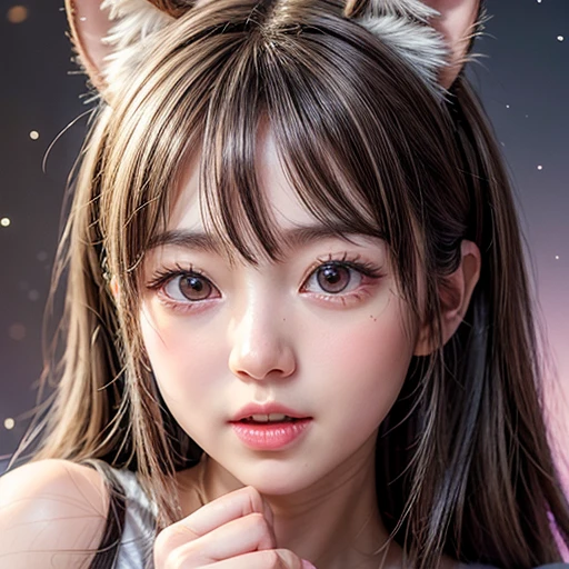 NSFW, 8k, High-level, absurd, masterpiece, best quality, primitive, very detailed CG, very detailed wallpaper, perfect lighting, Extremely detailed (((The personifying " Fenrir " as a ))), MysticSight, Tyndall effect, Tyndall scattering, Studio gray background with (many Dazzling RainbowColor particles BokeH:1.28), (RoundlyButts, ThighGap), (Exposed:0.4), (Assfocus with looking ahead), BREAK (NOGIZAKA face variations) Extremely Detailed very KAWAII face variations, perfect anatomy, Childish, captivating gaze, elaborate detailed Eyes with (sparkling highlights:1.28), long eyelashes、Glossy RED Lips with beautiful details, Coquettish tongue, Rosy cheeks, Radiant PearlSkin with clear transparency . { (Dynamic LifeLike expressions:1.4) | :d) }, (large eyes:-1) .