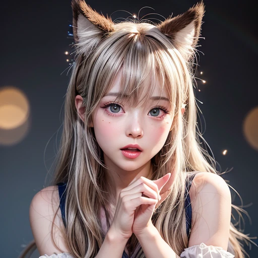 NSFW, 8k, High-level, absurd, masterpiece, best quality, primitive, very detailed CG, very detailed wallpaper, perfect lighting, Extremely detailed (((The personifying " Fenrir " as a Little Girl))), MysticSight, Tyndall effect, Tyndall scattering, Studio gray background with (many Dazzling RainbowColor particles BokeH:1.28), (RoundlyButts, ThighGap), (Exposed:0.4), (Assfocus with looking ahead), BREAK (NOGIZAKA face variations) Extremely Detailed very KAWAII face variations, perfect anatomy, Childish, captivating gaze, elaborate detailed Eyes with (sparkling highlights:1.28), long eyelashes、Glossy RED Lips with beautiful details, Coquettish tongue, Rosy cheeks, Radiant PearlSkin with clear transparency . { (Dynamic LifeLike expressions:1.4) | :d) }, (large eyes:-1) .