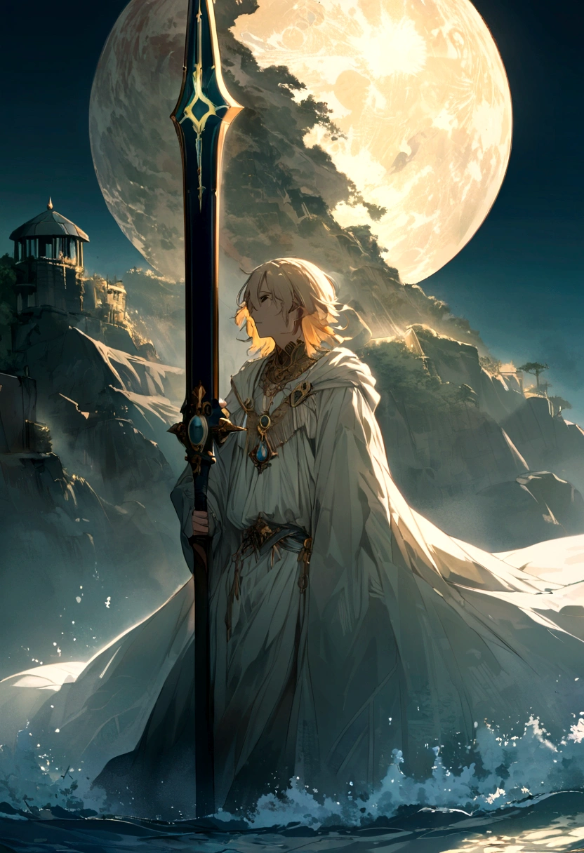 In a mesmerizing silhouetted scene of a giant moon with its surface marked by vividly detailed craters, with radiant sunlight, in a fantastical world bathed in ethereal light, a lone young man who is carrying a sword stands confidently on a serene beach, looking forward with determination in her eyes, with blue waves gently kissing the shore. Behind him, the landscape is both familiar and otherworldly, with ancient structures partially submerged in water, giving the impression that once upon a time there was a great civilization, now in ruins. He has spiky blond hair that shines in the sun, a reflection of his vibrant and adventurous spirit. Around the neck hangs a distinctive pendant, reflecting the light with a touch of mystery. In his hand he holds an enormous sword, beautifully crafted and ornamented with stones, its blade glowing with a magical aura, suggesting that this weapon is not just for combat. The atmosphere is filled with a sense of tranquility, mystery, serenity and adventure. The young man looks at the horizon with a determined and victorious expression, as if he is ready to embark on a new journey, face an imminent challenge or cast a powerful spell.