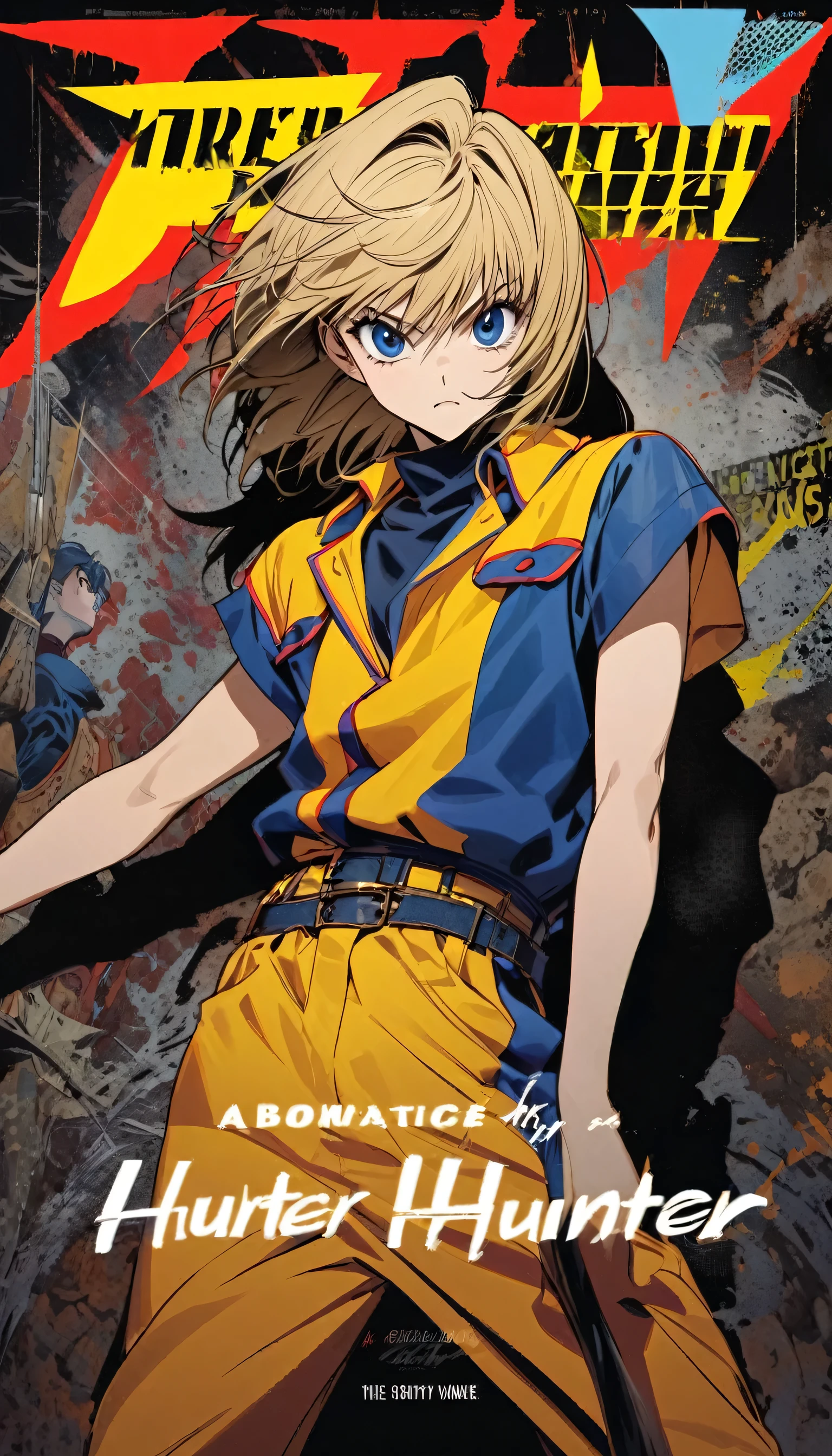 Fashion Magazine cover:a handsome male model, ((((dramatic))), (((Gritty))), (((intense))) film poster featuring a young male with blond hair and piercing blue eyes, looking the same as Kurapika from Hunter x Hunter as the central character. He stands confidently in the center of the poster, wearing his traditional blue and yellow outfit with a determined expression on his face. The background is dark and gritty, with a sense of danger and intensity. The text is bold and striking, with a catchy tagline that adds to the overall feeling of drama and excitement. The color palette is mainly dark with splashes of energetic colors, giving the poster a dynamic and visually striking appearance, vertical painting (Magazine:1.3), (cover-style:1.3), Fashionable, energetic, classic outfit, pose, front, rich and colorful, Dynamic, background, element, confident, Express, statement, accessories, majestic, coiled, About, touch, Scenes, text Kurapika, cover, bold, striking, title Hunter x Hunter, fashionable classic, font, catchy, title, bigger, striking, modern, trend, focus, Fashion, make picture of Kurapika from Hunter x Hunter.