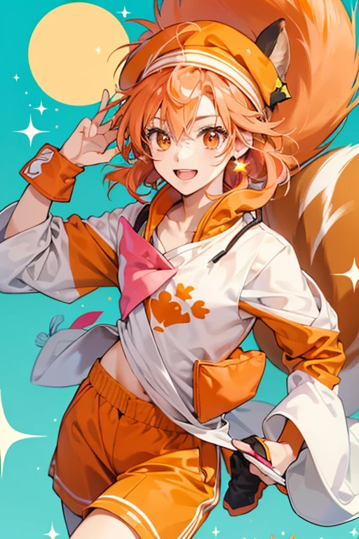 Riku is an orange girl squirrel with orange and white markings and pink beret on her head. SPARKLE; GLITTER