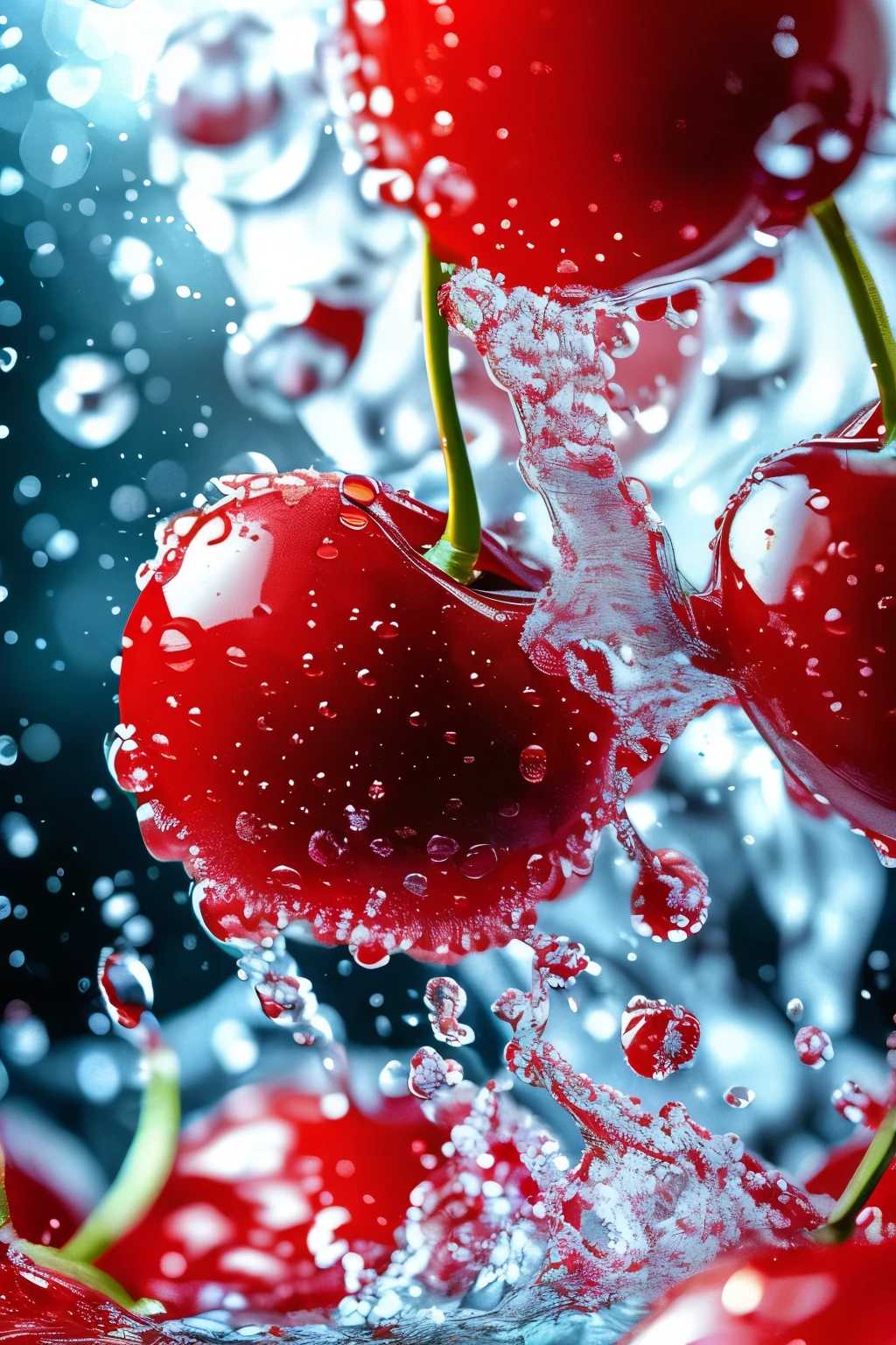 Real photography of 3 cherries falling into water and splashing water drops. Business style, Macro photography, background, Warm lighting, Cool tones create splash effects. Cherries are dotted with white spots, Cherries falling from the sky, Forming a splashing liquid water ball. HD photography quality.