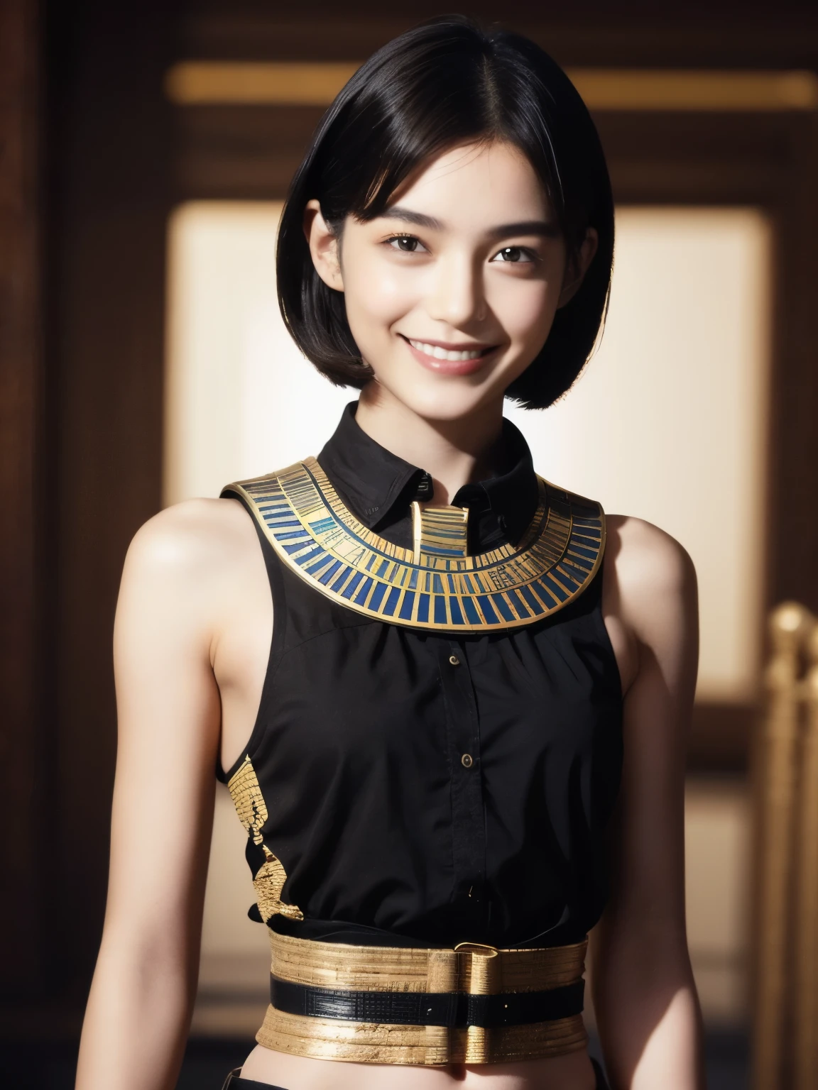 243 20-year-old female, short hair,kind, lipstick, Egyptian civilization, Waist belt, Hieroglyphics, smile