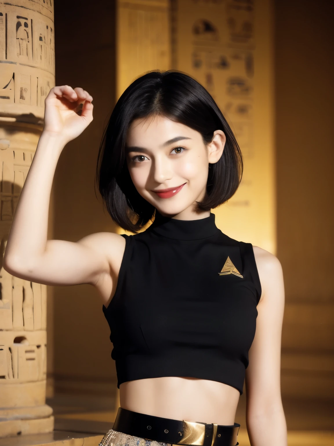 243 20-year-old female, short hair,kind, lipstick, Egyptian civilization, Waist belt, Hieroglyphics, smile