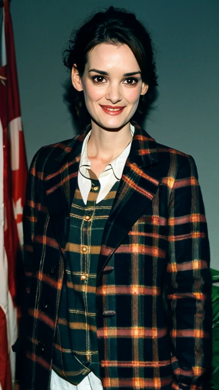 Winona Ryder dressed in traditional Canadian clothing and with a sexy smile