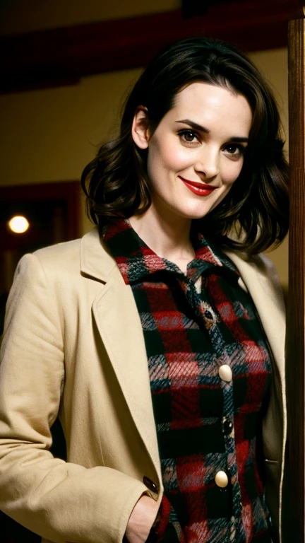 Winona Ryder dressed in traditional Canadian clothing and with a sexy smile